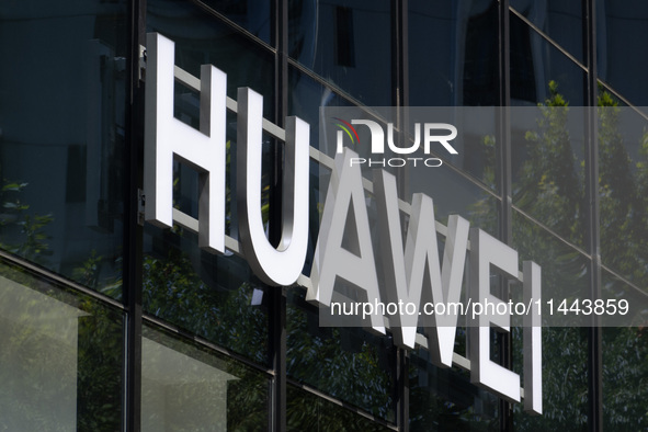 The logo of the Huawei Store is on the South Bund in Huangpu District in Shanghai, China, on July 30, 2024. 