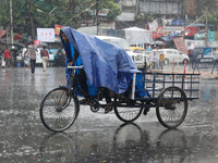 A man is covering himself with a plastic sheet while paddling his rickshaw on a busy road during monsoon rain in Kolkata, India, on July 30,...