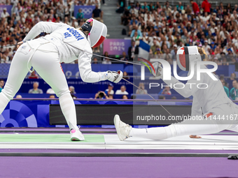 Aleksandra Jarecka of Team Poland and Auriane Mallo - Breton   of France  compete during the Women's Epee Team Semifinal 2, Match 8 match be...