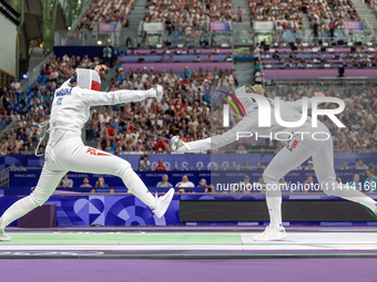 Aleksandra Jarecka of Team Poland and Auriane Mallo - Breton   of France  compete during the Women's Epee Team Semifinal 2, Match 8 match be...