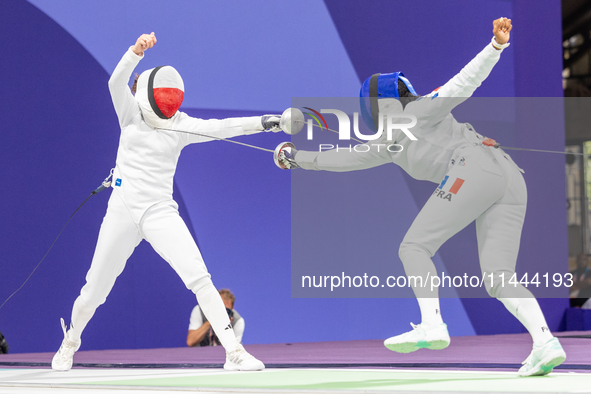  Renata Knapik-Miazga of Team Poland and  Caroline Vitalis  of France  compete during the Women's Epee Team Semifinal 2, Match 8 match betwe...