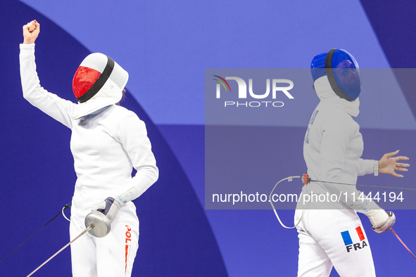  Renata Knapik-Miazga of Team Poland and  Caroline Vitalis  of France  compete during the Women's Epee Team Semifinal 2, Match 8 match betwe...