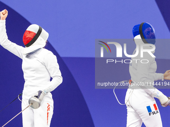  Renata Knapik-Miazga of Team Poland and  Caroline Vitalis  of France  compete during the Women's Epee Team Semifinal 2, Match 8 match betwe...