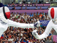  Renata Knapik-Miazga of Team Poland and  Caroline Vitalis  of France  compete during the Women's Epee Team Semifinal 2, Match 8 match betwe...