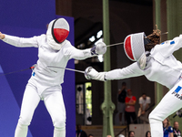  Renata Knapik-Miazga of Team Poland and  Caroline Vitalis  of France  compete during the Women's Epee Team Semifinal 2, Match 8 match betwe...