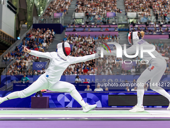  Renata Knapik-Miazga of Team Poland and  Mallo-Breton Auriane  of France  compete during the Women's Epee Team Semifinal 2, Match 8 match b...