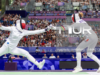  Renata Knapik-Miazga of Team Poland and  Mallo-Breton Auriane  of France  compete during the Women's Epee Team Semifinal 2, Match 8 match b...