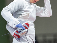 Katharine Holmes of Team United States  reacts after losing a match  during the Women's Epee Team Classifications 5-8, Match 6,  match betwe...