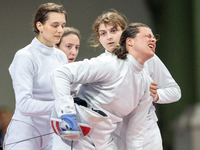 Katharine Holmes of Team United States  reacts after losing a match  during the Women's Epee Team Classifications 5-8, Match 6,  match betwe...