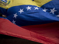 Opponents of Venezuelan President Nicolas Maduro are displaying a Venezuelan flag during a rally called by presidential candidate Edmundo Go...