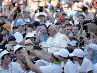 Pope Francis is arriving in St. Peter's Square to meet with priests and altar servers at the Vatican, on July 30, 2024. (