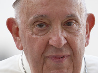 Pope Francis is being portrayed during an open-air audience of the XIII International Pilgrimage of Altar Servers at St. Peter's Square in t...