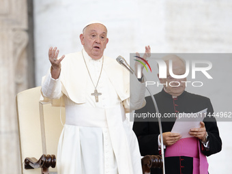 Pope Francis is gesturing during an open-air audience of the XIII International Pilgrimage of Altar Servers at St. Peter's Square in the Vat...