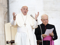 Pope Francis is gesturing during an open-air audience of the XIII International Pilgrimage of Altar Servers at St. Peter's Square in the Vat...