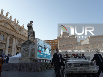 Pope Francis is arriving in St. Peter's Square to meet with priests and altar servers at the Vatican, on July 30, 2024. (