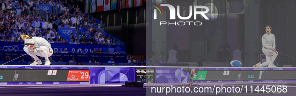 Auriane Mallo-Breton of Team France and Alberta Santuccio of Team Italy are reacting  after  the Fencing Women's Epee Team Gold Medal match...