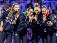 Gold medalists of Team Italy celebrate on the podium during the Fencing Women's Epee medal ceremony on day four of the Olympic Games Paris 2...