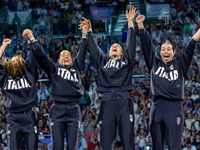 Gold medalists of Team Italy celebrate on the podium during the Fencing Women's Epee medal ceremony on day four of the Olympic Games Paris 2...