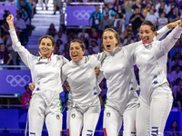  Team Italy celebrate victory during the Fencing Women's Epee Team Gold Medal match between Team France and Team Ital on day four of the Oly...