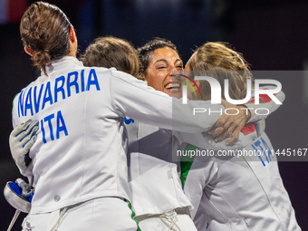  Team Italy celebrate victory during the Fencing Women's Epee Team Gold Medal match between Team France and Team Ital on day four of the Oly...