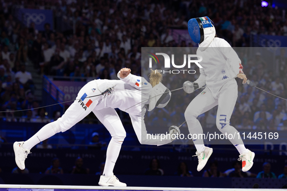  Auriane Mallo-Breton of Team France (L) and Alberta Santuccio of Team Italy compete during the Fencing Women's Epee Team Gold Medal match b...