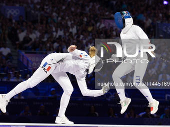  Auriane Mallo-Breton of Team France (L) and Alberta Santuccio of Team Italy compete during the Fencing Women's Epee Team Gold Medal match b...