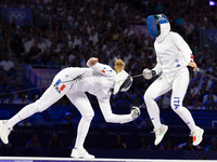  Auriane Mallo-Breton of Team France (L) and Alberta Santuccio of Team Italy compete during the Fencing Women's Epee Team Gold Medal match b...