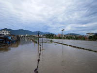 Flooding is submerging a section of road in Kathmandu, Nepal, on July 31, 2024. (