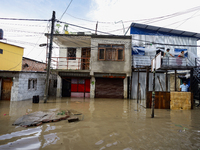 Houses are being partially submerged after heavy rainfall in Kathmandu, Nepal, on July 31, 2024. (