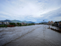 Flooding is submerging a section of road in Kathmandu, Nepal, on July 31, 2024. (