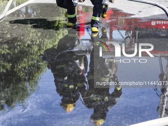 Firefighters are performing a rescue drill at a chemical plant amid high temperatures in Huai'an, China, on July 31, 2024. (