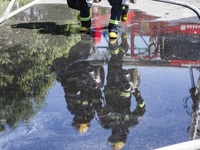 Firefighters are performing a rescue drill at a chemical plant amid high temperatures in Huai'an, China, on July 31, 2024. (