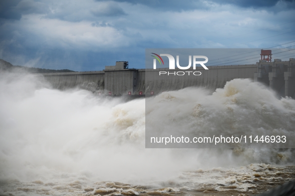 The Fengman Dam reservoir is opening the sluice to release floodwater in Jilin City, Jilin province, China, on July 31, 2024. 