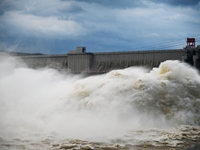 The Fengman Dam reservoir is opening the sluice to release floodwater in Jilin City, Jilin province, China, on July 31, 2024. (