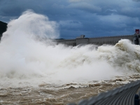 The Fengman Dam reservoir is opening the sluice to release floodwater in Jilin City, Jilin province, China, on July 31, 2024. (