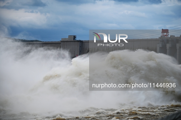 The Fengman Dam reservoir is opening the sluice to release floodwater in Jilin City, Jilin province, China, on July 31, 2024. 