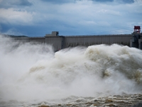 The Fengman Dam reservoir is opening the sluice to release floodwater in Jilin City, Jilin province, China, on July 31, 2024. (