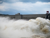 The Fengman Dam reservoir is opening the sluice to release floodwater in Jilin City, Jilin province, China, on July 31, 2024. (