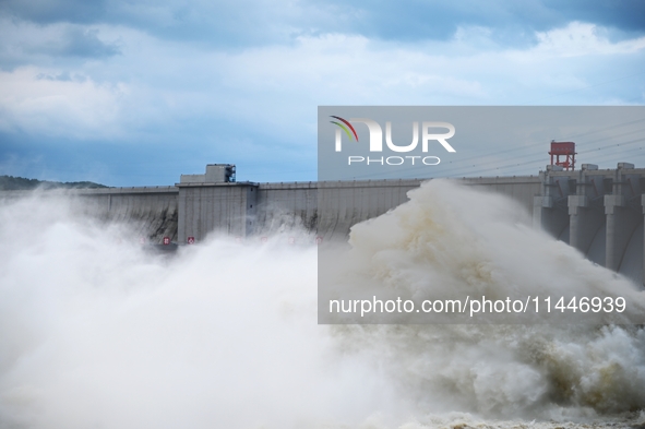 The Fengman Dam reservoir is opening the sluice to release floodwater in Jilin City, Jilin province, China, on July 31, 2024. 