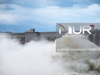 The Fengman Dam reservoir is opening the sluice to release floodwater in Jilin City, Jilin province, China, on July 31, 2024. (