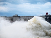 The Fengman Dam reservoir is opening the sluice to release floodwater in Jilin City, Jilin province, China, on July 31, 2024. (