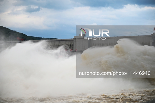 The Fengman Dam reservoir is opening the sluice to release floodwater in Jilin City, Jilin province, China, on July 31, 2024. 