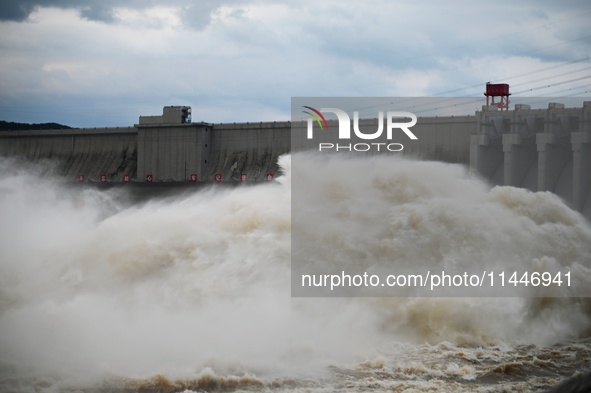 The Fengman Dam reservoir is opening the sluice to release floodwater in Jilin City, Jilin province, China, on July 31, 2024. 