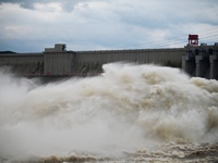 The Fengman Dam reservoir is opening the sluice to release floodwater in Jilin City, Jilin province, China, on July 31, 2024. (