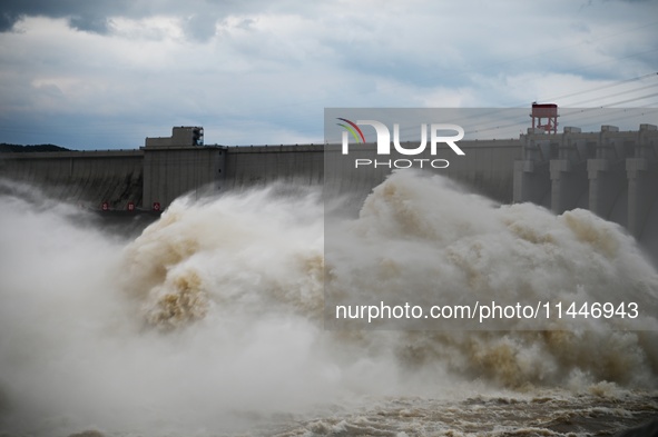 The Fengman Dam reservoir is opening the sluice to release floodwater in Jilin City, Jilin province, China, on July 31, 2024. 