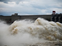 The Fengman Dam reservoir is opening the sluice to release floodwater in Jilin City, Jilin province, China, on July 31, 2024. (