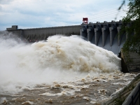 The Fengman Dam reservoir is opening the sluice to release floodwater in Jilin City, Jilin province, China, on July 31, 2024. (