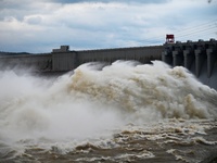 The Fengman Dam reservoir is opening the sluice to release floodwater in Jilin City, Jilin province, China, on July 31, 2024. (