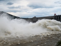 The Fengman Dam reservoir is opening the sluice to release floodwater in Jilin City, Jilin province, China, on July 31, 2024. (