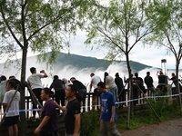 The Fengman Dam reservoir is opening the sluice to release floodwater in Jilin City, Jilin province, China, on July 31, 2024. (